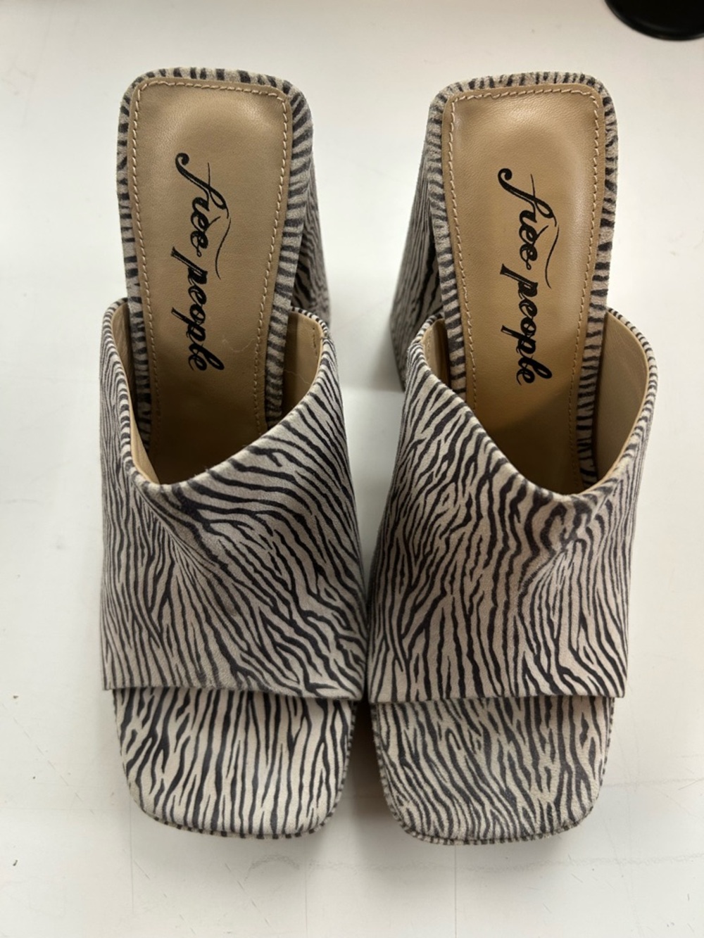 Free People Zebra-Print Open Toe Block Heel Mules in White and Black - Picture 9 of 11